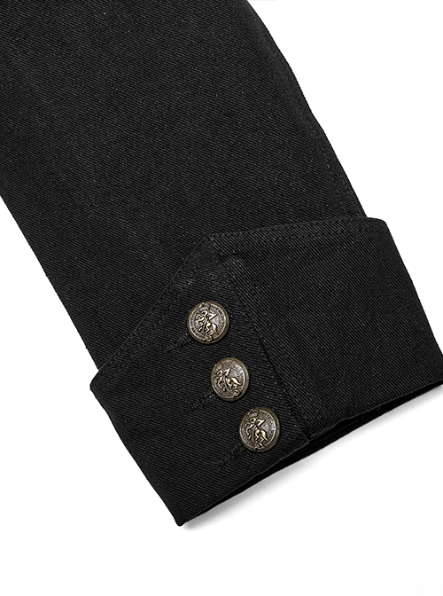 Punk Style Vintage Bronze Metal Buttons Woven Patch Cross Straps Leather Stitching Black Long Sleeves Coat