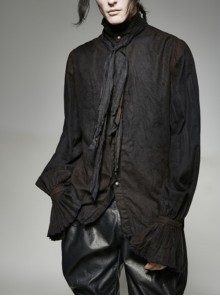 Punk Style High Collar Burrs Edge Retro Metal Buttons Old Effect Ruffled Bow Tie Black Lantern Sleeves Shirt