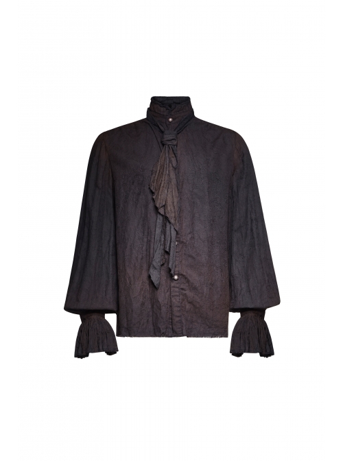 Punk Style High Collar Burrs Edge Retro Metal Buttons Old Effect Ruffled Bow Tie Black Lantern Sleeves Shirt