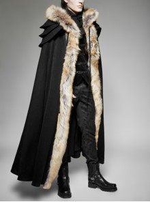 Gothic Style Gorgeous Fur Collar Shoulder Multi Layer Design Retro Male Black Winter Warm Wool Long Cape