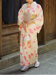 Gentle Temperament Cute Light Apricot Pink Flower Kawaii Fashion Japanese Style Yukata Modified Kimono