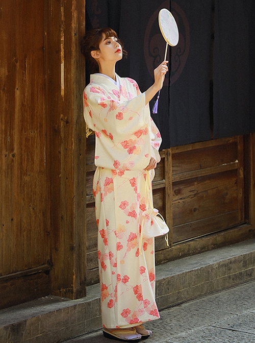 Gentle Temperament Cute Light Apricot Pink Flower Kawaii Fashion Japanese Style Yukata Modified Kimono