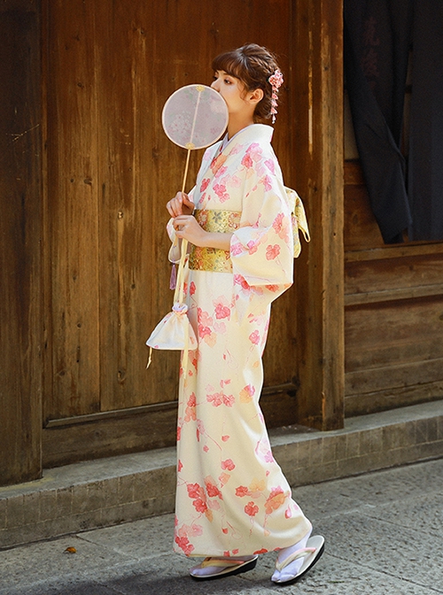 Gentle Temperament Cute Light Apricot Pink Flower Kawaii Fashion Japanese Style Yukata Modified Kimono