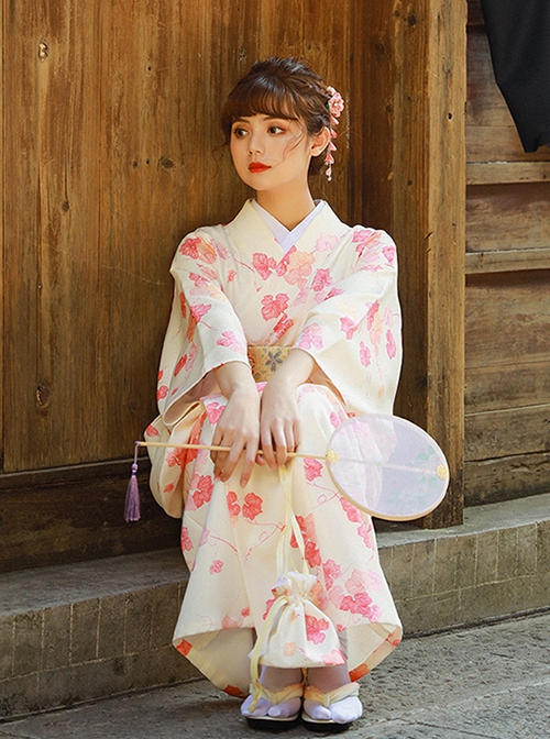 Gentle Temperament Cute Light Apricot Pink Flower Kawaii Fashion Japanese Style Yukata Modified Kimono