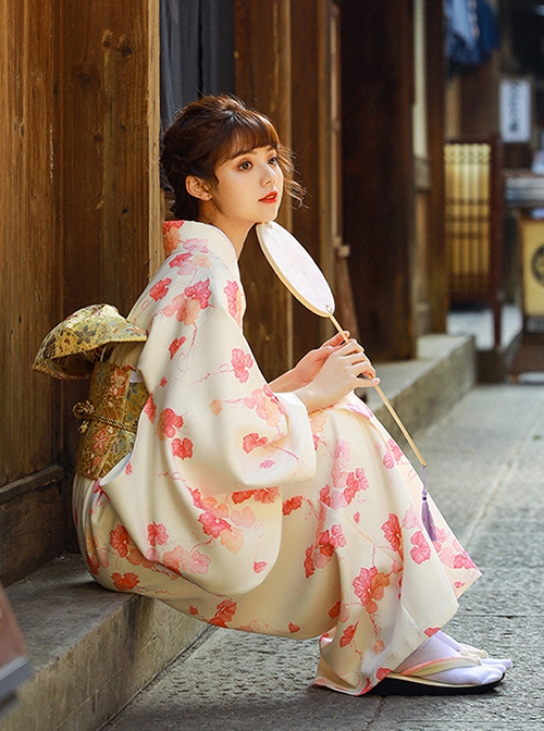 Gentle Temperament Cute Light Apricot Pink Flower Kawaii Fashion Japanese Style Yukata Modified Kimono