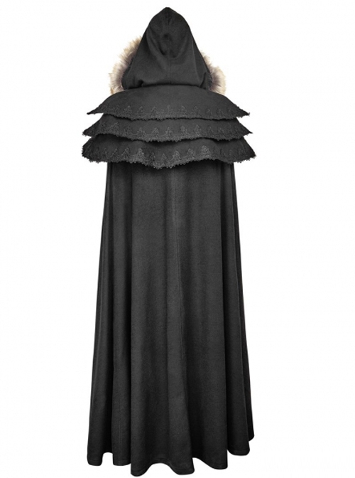 Gothic Style Warm Fur Collar Shoulder Multi Layer Design Retro Women's Black Winter Hooded Long Cape