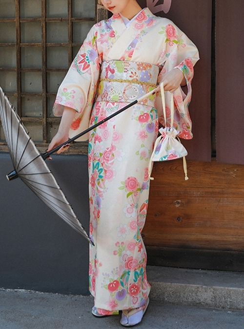 Gentle Sweet Cute Apricot Colorful Flower Print Kawaii Fashion Japanese Style Yukata Modified Kimono