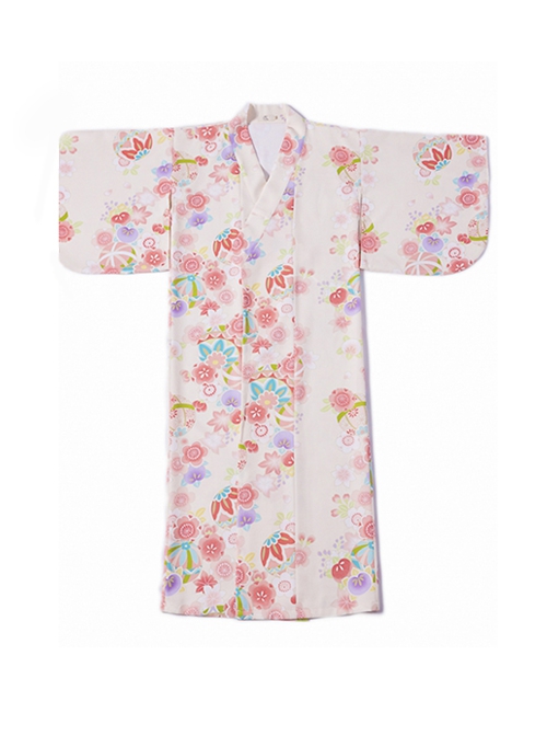 Gentle Sweet Cute Apricot Colorful Flower Print Kawaii Fashion Japanese Style Yukata Modified Kimono