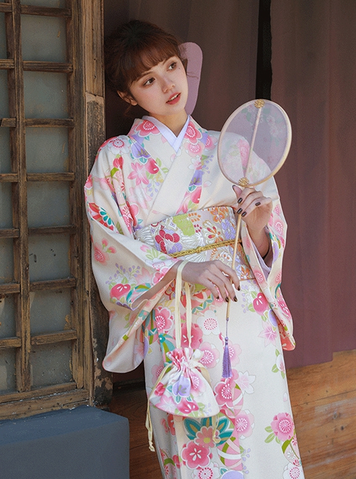 Gentle Sweet Cute Apricot Colorful Flower Print Kawaii Fashion Japanese Style Yukata Modified Kimono