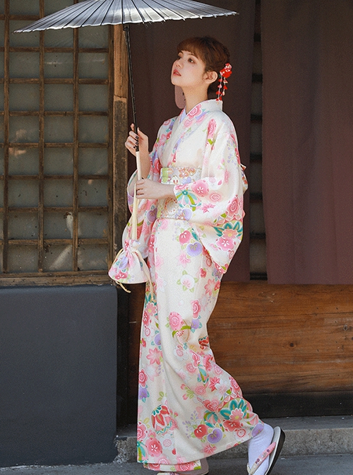 Gentle Sweet Cute Apricot Colorful Flower Print Kawaii Fashion Japanese Style Yukata Modified Kimono