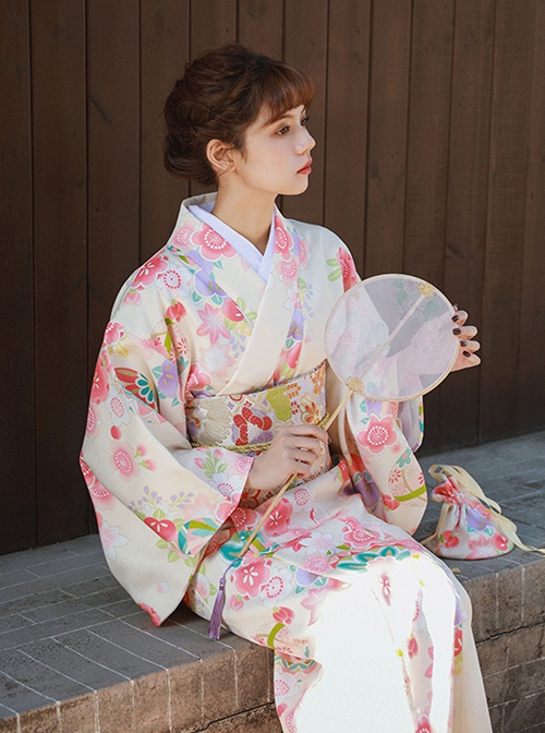 Gentle Sweet Cute Apricot Colorful Flower Print Kawaii Fashion Japanese Style Yukata Modified Kimono