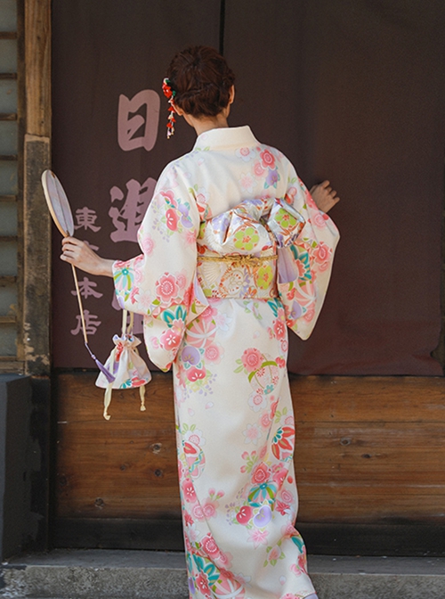 Gentle Sweet Cute Apricot Colorful Flower Print Kawaii Fashion Japanese Style Yukata Modified Kimono