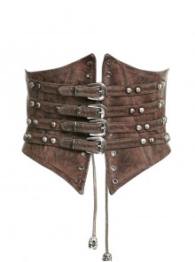 Punk Style Cool Old Effect Retro Bronze Metal Studs Cross Straps Fishbone Support Brown Tight Girdle