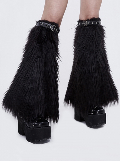 Punk Style Warm Wool Patchwork Adjustable Leather Decoration Black Women's Leg Guards