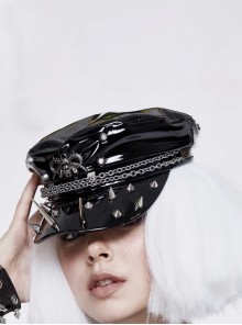 Punk Style Cool Glossy Front Spiked Metal Pattern Women's Black Leather Hat