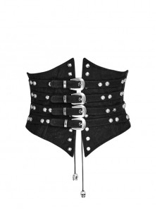 Punk Style Cool Silver Metal Studs Cross Straps Skull Decoration Fishbone Support Black Tight Girdle