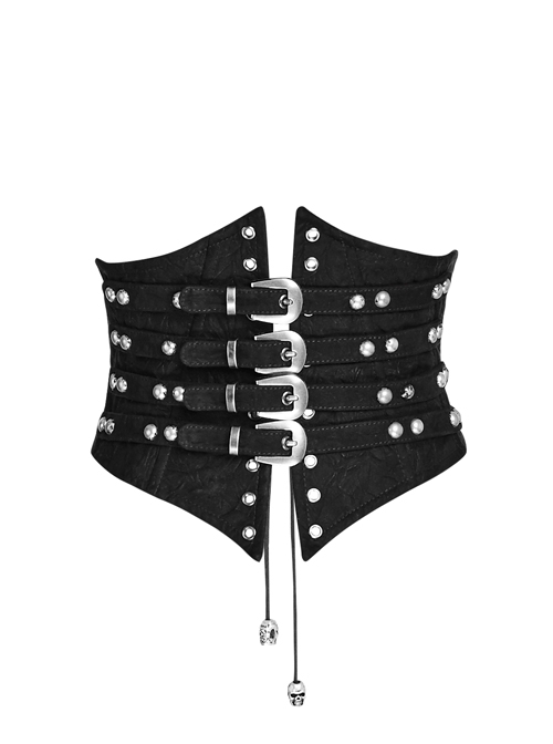 Punk Style Cool Silver Metal Studs Cross Straps Skull Decoration Fishbone Support Black Tight Girdle