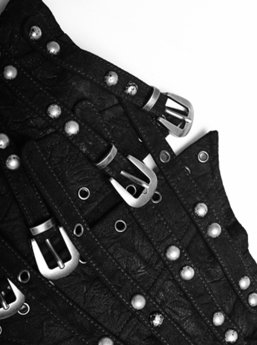 Punk Style Cool Silver Metal Studs Cross Straps Skull Decoration Fishbone Support Black Tight Girdle