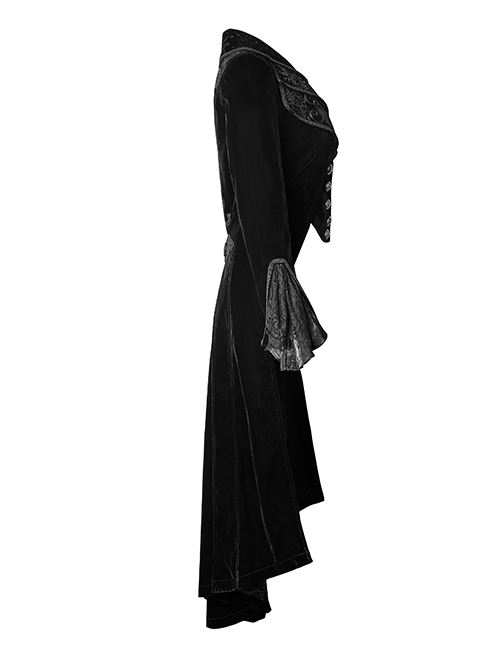 Gothic Style Retro Layered Lapel Velvet Gorgeous Long Tail Exquisite Lace Elegant Black Long Sleeves Coat
