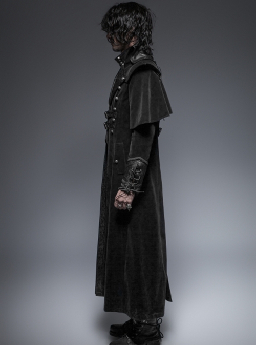 Gothic Style Vintage Pressed Leather Splicing Metal Buckle Decoration Mysterious Black Long Sleeves Coat