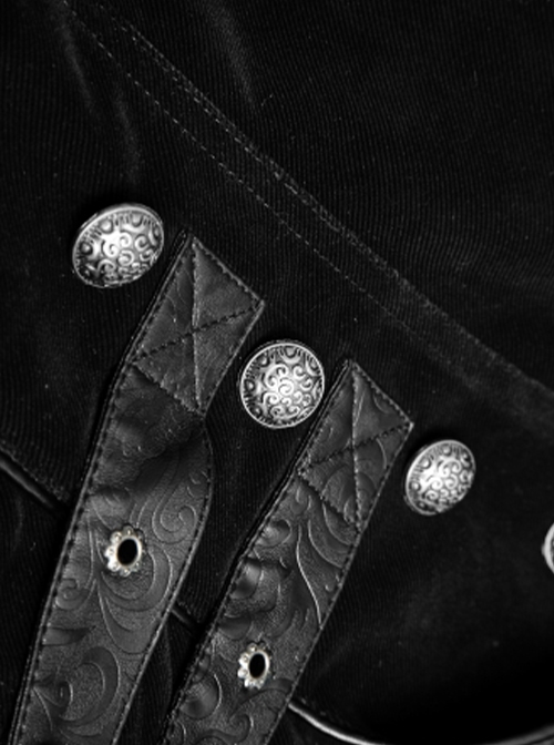 Gothic Style Vintage Pressed Leather Splicing Metal Buckle Decoration Mysterious Black Long Sleeves Coat