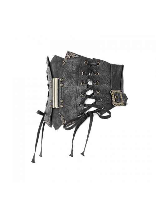 Punk Style Slim Fit Curly Side Eyelet Drawstring Front Center Metallic Pattern Patch Women's Black Leather Adjustable Corset