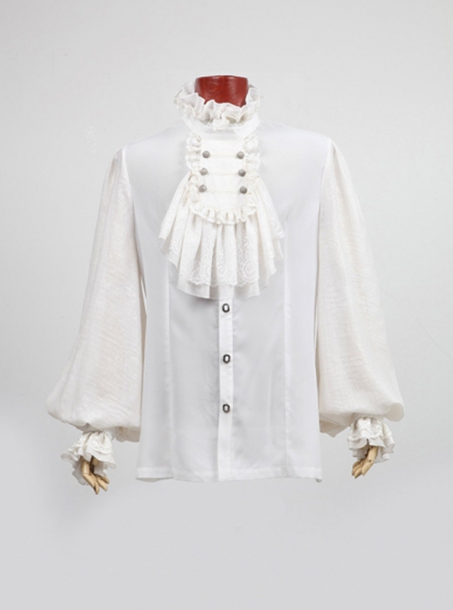 Gothic Style Gorgeous Ruffled High Collar Retro Exquisite Bow Tie Elegant White Chiffon Lantern Sleeves Shirt