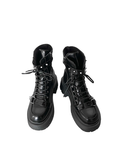 Girl'S Heart Series Subculture Sweet Cool Y2K Punk Lolita Tie Shoelaces Rivet Metal Chain Thick Soles Martin Boots