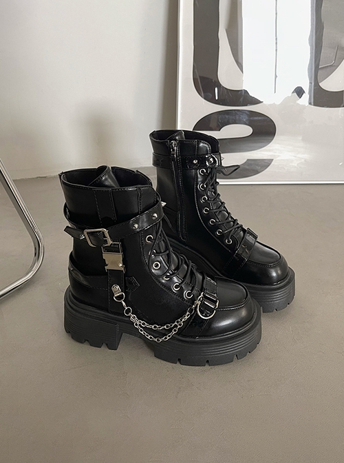 Girl'S Heart Series Subculture Sweet Cool Y2K Punk Lolita Tie Shoelaces Rivet Metal Chain Thick Soles Martin Boots