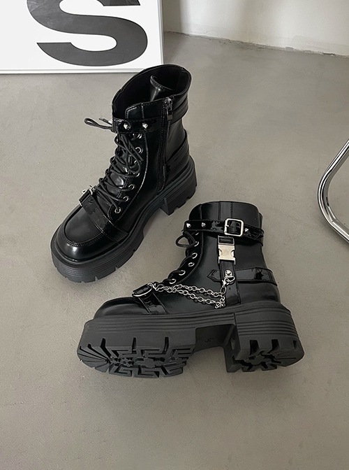 Girl'S Heart Series Subculture Sweet Cool Y2K Punk Lolita Tie Shoelaces Rivet Metal Chain Thick Soles Martin Boots