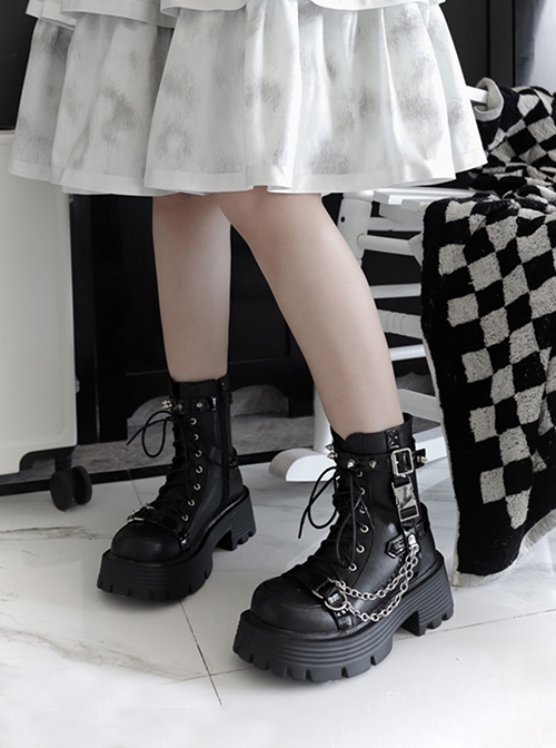 Girl'S Heart Series Subculture Sweet Cool Y2K Punk Lolita Tie Shoelaces Rivet Metal Chain Thick Soles Martin Boots