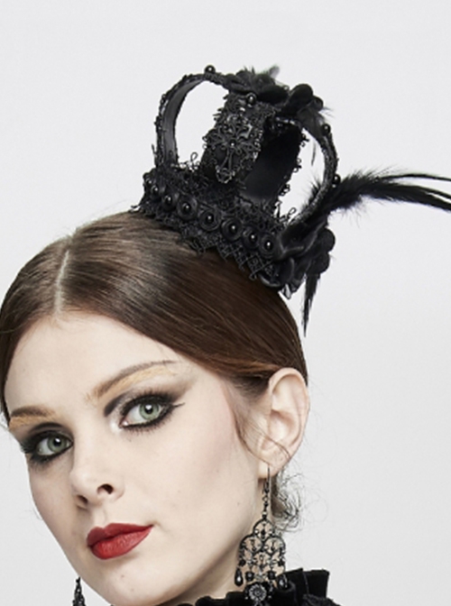Gothic Style Exquisite Lace Side Feather Rose Pattern Bottom Clip Ladies Black Mini Leather Crown Headdress
