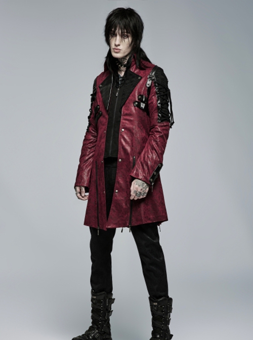 Punk Style Cracked Leather Splicing Metal Buckle Cross Drawstring Red Cool Male Long Sleeves Windbreaker