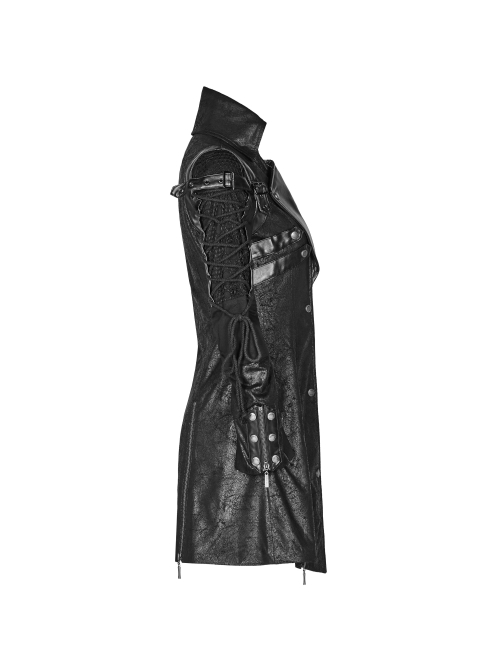 Punk Style Lapel Cracked Metal Buckle Grain Leather Stitching Cross Strap Fashionable Black Male Windbreaker