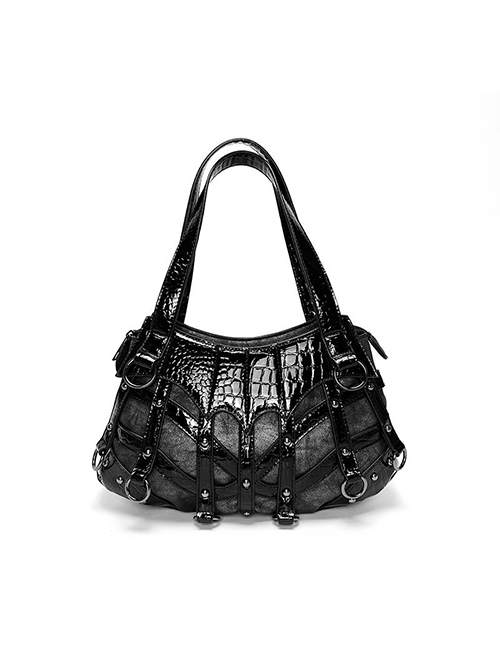 Dragon Hunter Witch Series Black Gothic Subculture Punk Lolita Metal Rivets Splicing Large Capacity Crossbody Bag