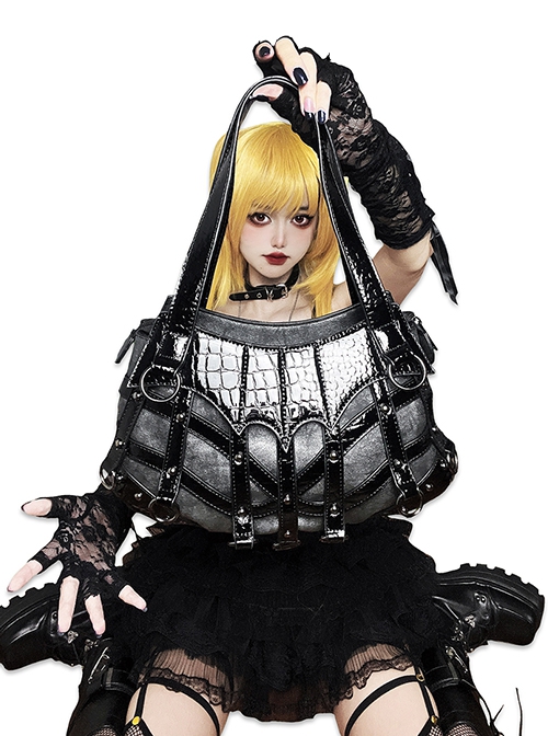 Dragon Hunter Witch Series Black Gothic Subculture Punk Lolita Metal Rivets Splicing Large Capacity Crossbody Bag