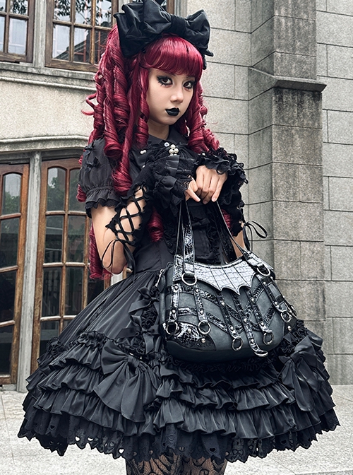 Dragon Hunter Witch Series Black Gothic Subculture Punk Lolita Metal Rivets Splicing Large Capacity Crossbody Bag