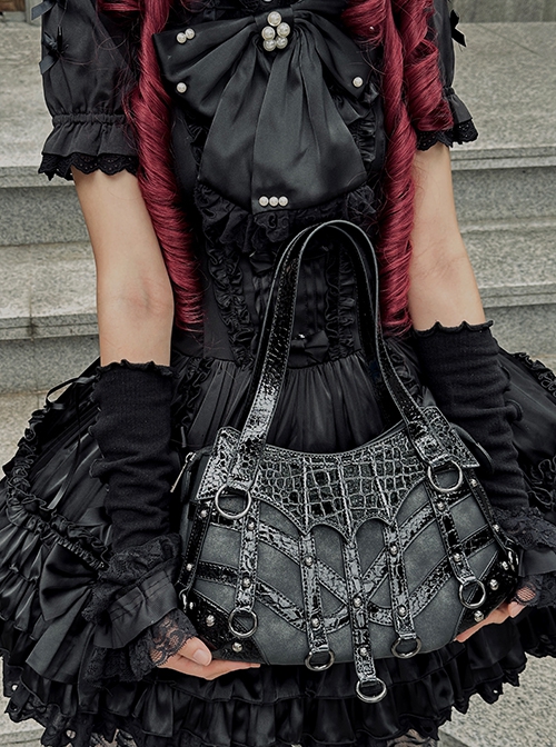 Dragon Hunter Witch Series Black Gothic Subculture Punk Lolita Metal Rivets Splicing Large Capacity Crossbody Bag