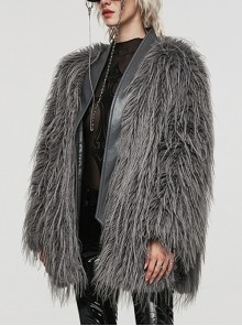Punk Style Irregular Wool Stitching Leather Side Metal Ring Decoration Fashionable Gray Long Sleeves Jacket