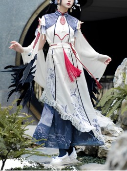 Chinese Style Crane Green Pine Bamboo Forest Ink Paint Blue White Modified Cheongsam Elegant Classic Lolita Shawl Dress