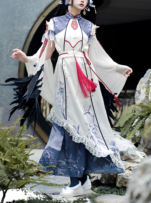 Chinese Style Crane Green Pine Bamboo Forest Ink Paint Blue White Modified Cheongsam Elegant Classic Lolita Shawl Dress