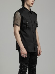 Punk Style Simple Lapel Patchwork Pocket Loop Straps Decoration Daily Black Mesh Short Sleeve Slim Shirt