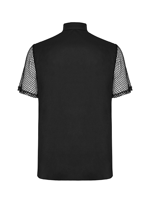 Punk Style Simple Lapel Patchwork Pocket Loop Straps Decoration Daily Black Mesh Short Sleeve Slim Shirt