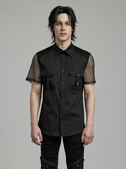 Punk Style Simple Lapel Patchwork Pocket Loop Straps Decoration Daily Black Mesh Short Sleeve Slim Shirt