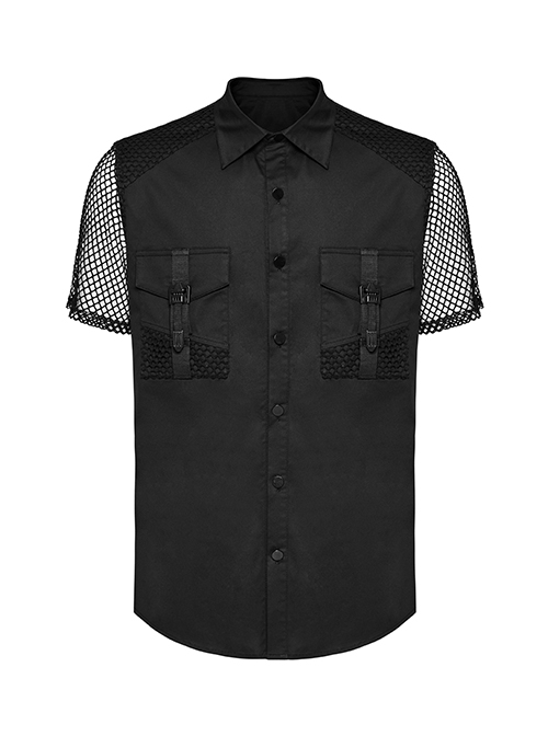 Punk Style Simple Lapel Patchwork Pocket Loop Straps Decoration Daily Black Mesh Short Sleeve Slim Shirt