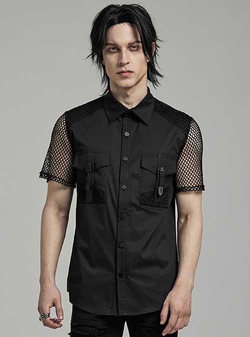 Punk Style Simple Lapel Patchwork Pocket Loop Straps Decoration Daily Black Mesh Short Sleeve Slim Shirt