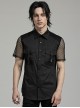 Punk Style Simple Lapel Patchwork Pocket Loop Straps Decoration Daily Black Mesh Short Sleeve Slim Shirt