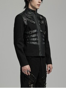 Punk Style Unique Twill Weave Fabric Patchwork Tape Cool Eyelet Loops Metal Buckle Black Long Sleeves Jacket