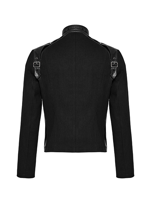 Punk Style Unique Twill Weave Fabric Patchwork Tape Cool Eyelet Loops Metal Buckle Black Long Sleeves Jacket