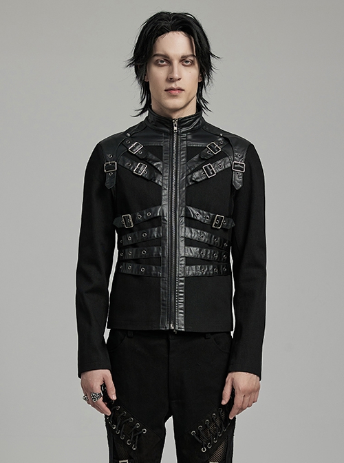 Punk Style Unique Twill Weave Fabric Patchwork Tape Cool Eyelet Loops Metal Buckle Black Long Sleeves Jacket